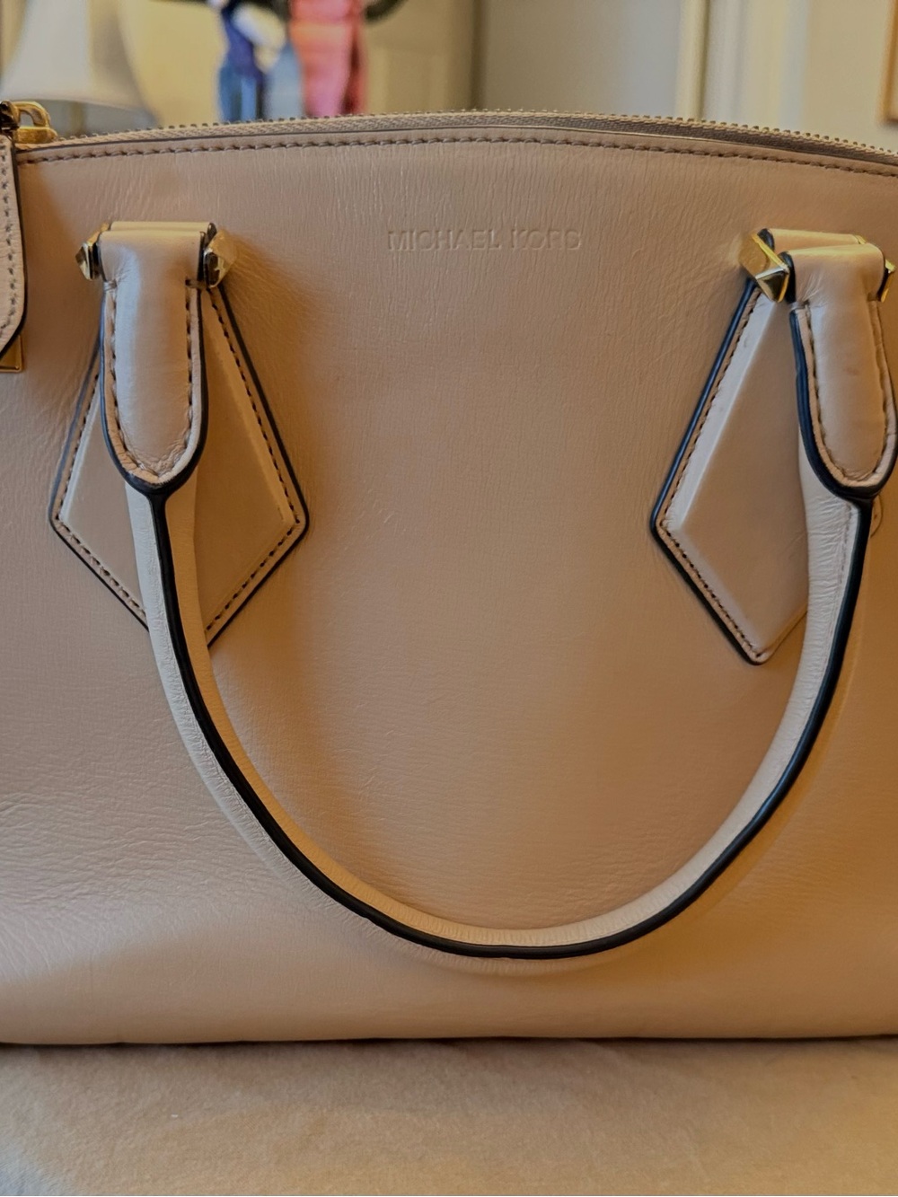 Michael Kors Collection Beige Leather Satchel with Black Trim and Gold Hardware